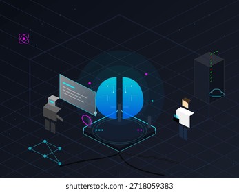 Two individuals focus on digital workflows in a tech environment. One person is seated at a workstation while another stands nearby, interacting with visual data.