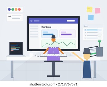 Dos personas se enfocan en una pantalla de computadora que muestra un tablero. Participan en una actividad de diseño digital en un escritorio de trabajo rodeado de pantallas de codificación y notas.