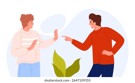 Two individuals in a heated argument with one showing aggression and the other defensive on an isolated background vector illustration