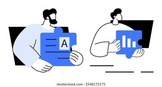 Two individuals holding blue puzzle pieces one features text and the other a graph. Ideal for teamwork, collaboration, data presentation, communication, and education. Simple vector style