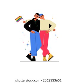 Two Individuals Holding A Rainbow Flag In Flat Vector Illustration Symbolizing Pride, Diversity, And Unity, Isolated On White Background