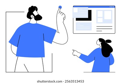 Two individuals interacting with a digital interface in a work setting Ideal for teamwork digital collaboration online communication web development remote work. Simple modern flat style