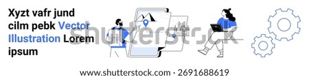 Two individuals, maps with location pins, gears, and devices symbolize efficient workflow and collaboration. Ideal for teamwork, navigation, digital tools, productivity, technology, innovation, user