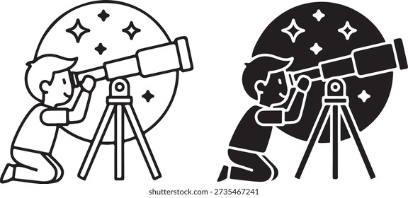 Two individuals observing the night sky with telescopes in a playful illustration isolated on white background, illustration