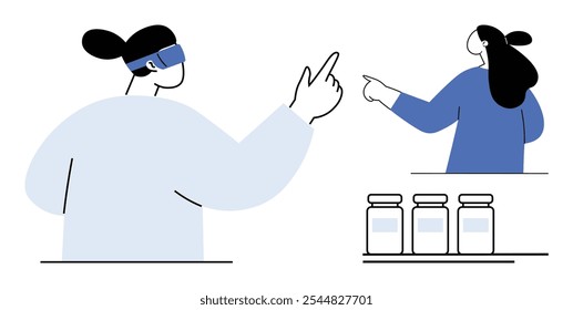 Two individuals, one in a lab coat and the other in casual attire, point and discuss near three specimen jars. Ideal for science, laboratory, research, teamwork, and medical studies themes. Simple