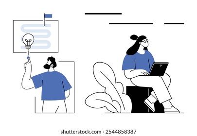 Two individuals, one presenting a lightbulb idea on a chart and another working remotely on a laptop. Ideal for innovation, teamwork, brainstorming, remote work, and presentations. Simplistic line