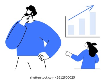 Two individuals, one thinking and the other pointing, interact with a rising growth chart. Ideal for business strategy, planning, teamwork, brainstorming, and statistics themes. Simple and modern