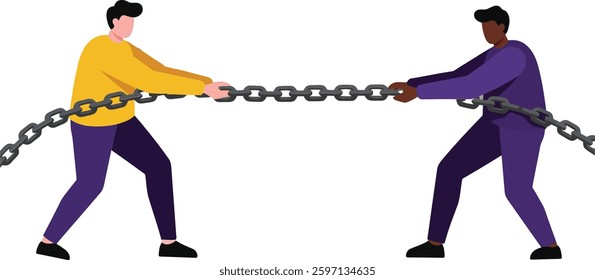 Two individuals, one in yellow and the other in purple, pull on a heavy chain, illustrating competition and teamwork with a focused atmosphere.