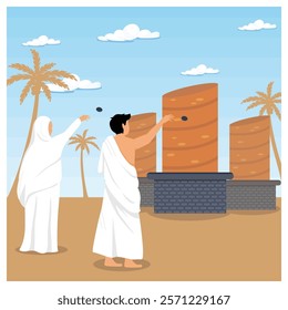 Two individuals participate together in throwing stones in a serene desert environment, symbolizing faith. Flat vector modern illustration 