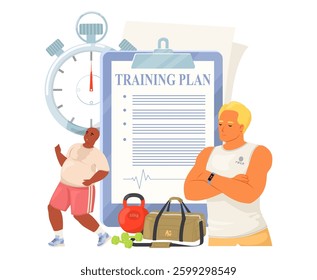 Two individuals are participating in a fitness routine with a detailed training plan. One is actively exercising while the other observes, highlighting a commitment to health.