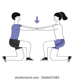 Dois indivíduos realizando um exercício sincronizado em um ambiente minimalista, enfatizando o trabalho em equipe e a aptidão