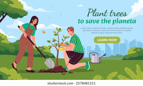 Two individuals planting a tree in a lush green park, with a watering can and gardening tools nearby. Bright blue sky and urban skyline in the background. Environment concept. Vector illustration