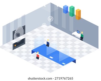 Two individuals are playing table tennis on blue tables in a spacious sports area. A desk with a computer is located in the corner. Colorful boxes are on the wall.