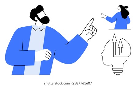 Two individuals are pointing and discussing, accompanied by a graphic of a head with arrows in a light bulb. Ideal for collaboration, communication, brainstorming, innovation, and teamwork concepts