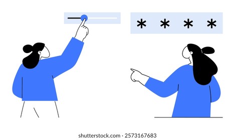 Two individuals pointing at and interacting with a password input interface. Ideal for cybersecurity, data protection, software development, online privacy, and user interface design. Simplistic