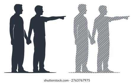 Two individuals pointing in unison, showing direction and agreement. illustration with striped.