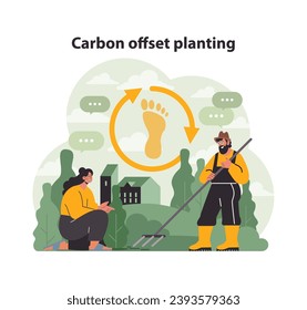 Dos individuos promueven la plantación de compensación de carbono. La huella en un ciclo representa el equilibrio ecológico. Jardinería para un planeta más verde cerca de las estructuras urbanas. Ilustración vectorial plana