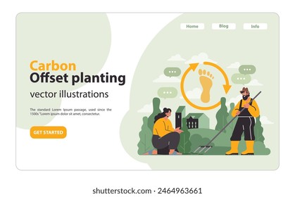 Two individuals promote carbon offset planting. Footprint in a cycle represents eco balance. Gardening for a greener planet near urban structures. Flat vector illustration