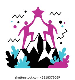 Two individuals reaching the summit of a mountain together, touching a star. This concept represents teamwork, collaboration, achievement, success, and ambition.