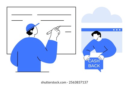 Two individuals are represented in simple modern style. One person writes on a board, while another holds a Cashback sign in front of a browser window Ideal for education, finance, online shopping