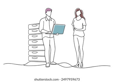 Two individuals in a server room, one holding a laptop Hand drawn offset fill with doodle illustration