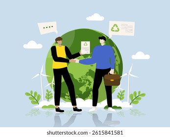 Two individuals shaking hands in front of a green globe, emphasizing collaboration in sustainability and eco-friendly solutions.