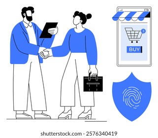 Two individuals shaking hands, one holding a tablet and the other a briefcase. Online purchase icon, fingerprint security shield. Ideal for business agreements, online shopping, security, technology