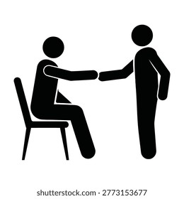 Two individuals shaking hands, one seated and one standing, conveying friendship, partnership, or business agreement in a simple black silhouette illustration
