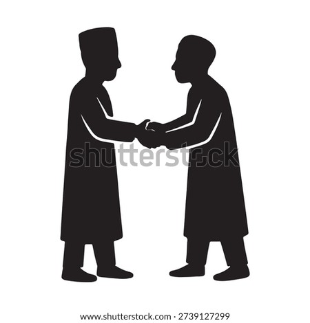 Two individuals shaking hands in traditional attire symbolizing agreement or partnership.
