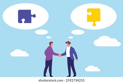 Two individuals shaking hands while exchanging thoughts and ideas, symbolizing teamwork, collaboration, mutual understanding, and the synergy of combining different perspectives.