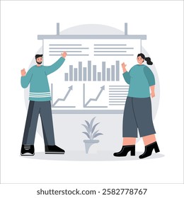 Two individuals stand discussing a presentation featuring bar and line charts, focusing on data analysis and planning strategies.