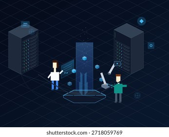 Zwei Personen stehen in der Nähe von Computerservern in einem Büro. Sie konzentrieren sich auf Bildschirme und Geräte, während sie an einem Technologieprojekt zusammenarbeiten.