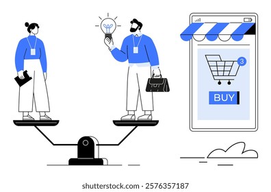 Two individuals stand on a seesaw, one holding a notebook and the other a lightbulb, with a smartphone showing a shopping cart and a buy button. Ideal for business, teamwork, e-commerce, balance