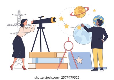 Two individuals studying astronomy with a telescope, planetary models, and stars. Flat cartoon style on a white background. Concept of space education. Flat line art vector illustration.