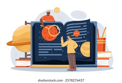 Two individuals studying space in an open book featuring planets, stars, and constellations, with educational elements on a white background. Vector illustration