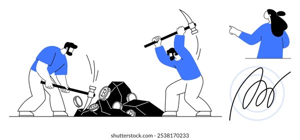 Two individuals using hammers to break blocks and a figure pointing suggest teamwork and guidance. Ideal for business, hard work, collaboration, leadership and achieving success. Line art style