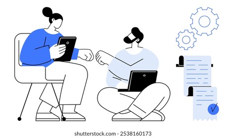 Two individuals using laptops and tablets collaborating on a project. Visible elements include gears and task checklists symbolizing organization, teamwork, and efficiency. Ideal for business