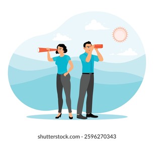 Two individuals using telescopes, signifying teamwork, vision, and strategy under a clear sky. Symbolizes a strong focus on future exploration and collaborative efforts in diverse scenarios.