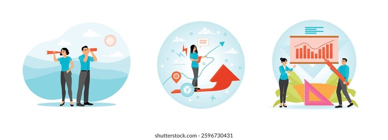 \Two individuals using telescopes, signifying teamwork, vision, and strategy. Growth and strategic planning in the business cycle. Professional team analyzes and discusses business growth graph.
