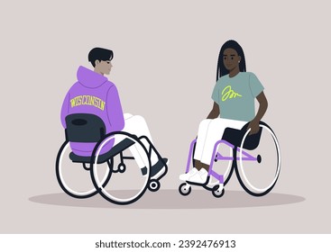 Two individuals in wheelchairs engage in a casual conversation, sharing moments in their everyday routine with ease and camaraderie