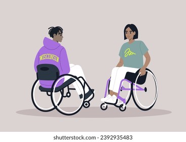 Two individuals in wheelchairs engage in a casual conversation, sharing moments in their everyday routine with ease and camaraderie