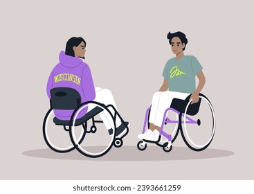 Two individuals in wheelchairs engage in a casual conversation, sharing moments in their everyday routine with ease and camaraderie