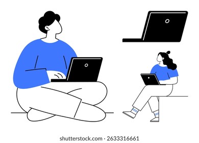Two individuals working on laptops one seated cross-legged, the other on a bench. Isolated laptop also depicted. Ideal for remote work, online education, digital nomadism, freelancing, tech