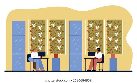 Two individuals working on laptops in a bright, modern workspace with large windows and decorative plants, showcasing a collaborative and productive environment