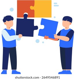 Dos personas trabajando juntas para ensamblar piezas de rompecabezas, representando la unidad, el trabajo en equipo y la resolución creativa de problemas