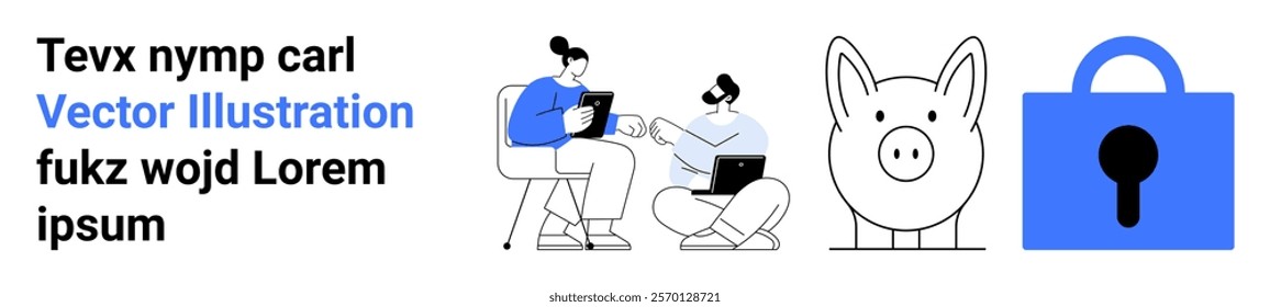 Two individuals working together on laptops, a piggy bank, and a padlock. Ideal for business, financial planning, teamwork, online collaboration, and security themes. Banner for landing page