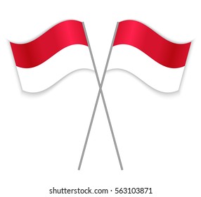 Two Indonesian crossed flags. Combined Indonesia isolated on white. Language learning, international business or travel concept.