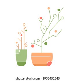 Two indoor plants. Stylish geometric flowers in pots. Vector flat illustration.