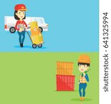 Two industrial banners with space for text. Vector flat design. Horizontal layout. Asian delivery courier pushing troley with cardboard boxes. Young delivery courier standing in front of delivery van.