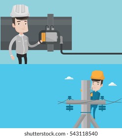 Two industrial banners with space for text. Vector flat design. Horizontal layout. Caucasian electrician in hard hat working on electric power pole. Electrician at work on electric power pole.